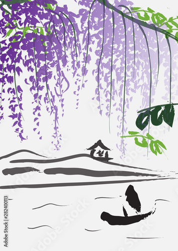 imitation of chinese painting with boat, hills and purple wisteria branches