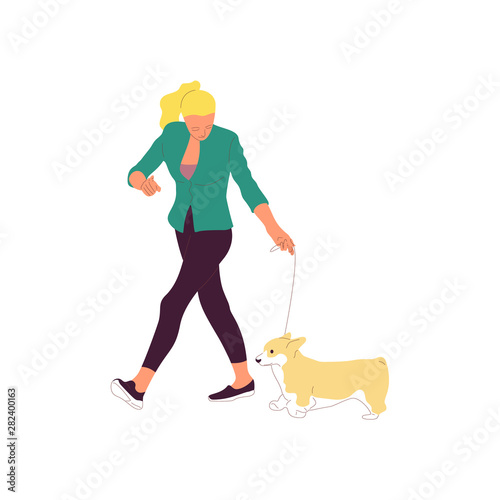 Young girl is walking with a dog on a leash. Isolated on white background. Flat style cartoon stock vector
