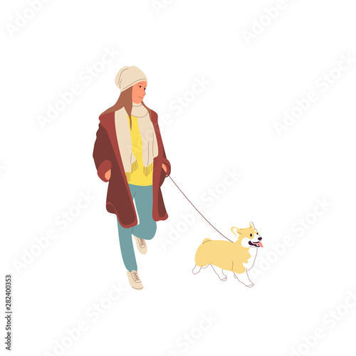 Young girl is walking with a dog on a leash. Isolated on white background. Flat style cartoon stock vector