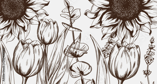 Summer tulips and sunflowers line art Vector. Hand drawn decor texture vintage styles