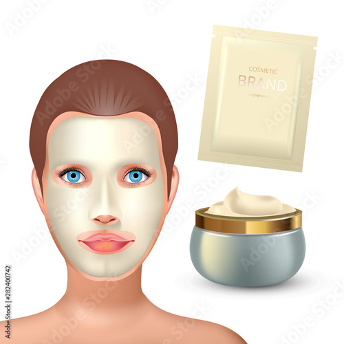 Beauty fashion girl apply facial white mask. Facial Mask Cosmetics Packaging. Package design for face mask. Realistic Cosmetics sachet and jar with white creme.