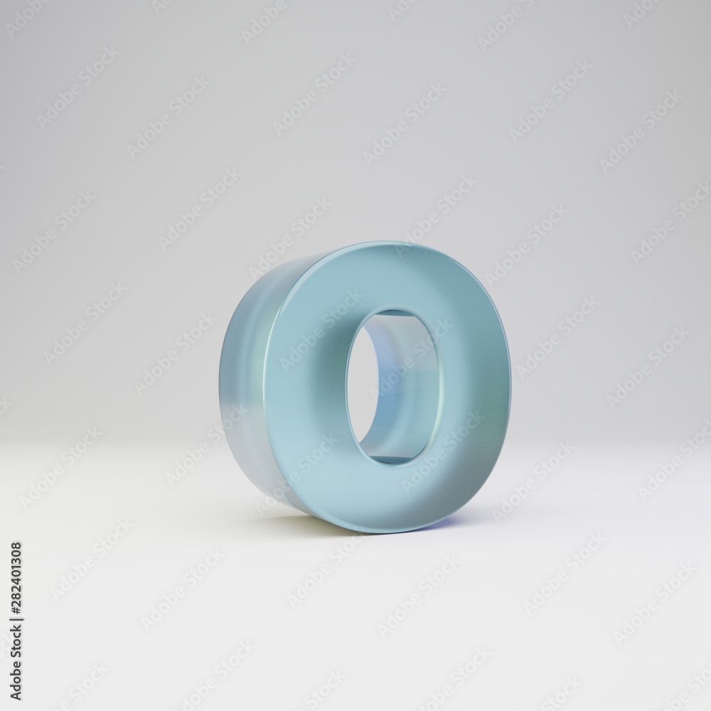 Ice 3d letter O lowercase. Transparent ice font with glossy reflections and shadow isolated on white background.