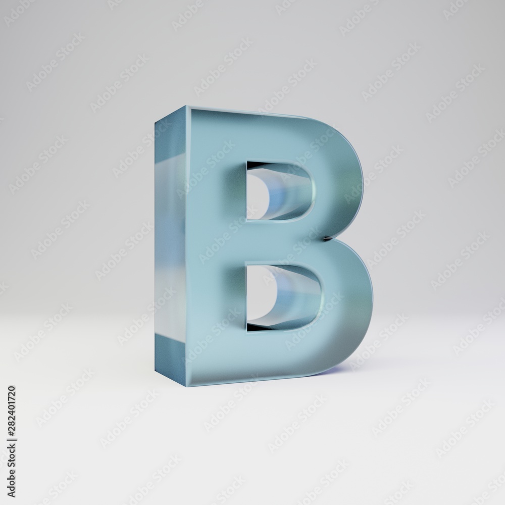 Ice 3d letter B uppercase. Transparent ice font with glossy reflections and shadow isolated on white background. Ice 3d letter B uppercase. Transparent ice font with glossy reflections and shadow isolated on white background.