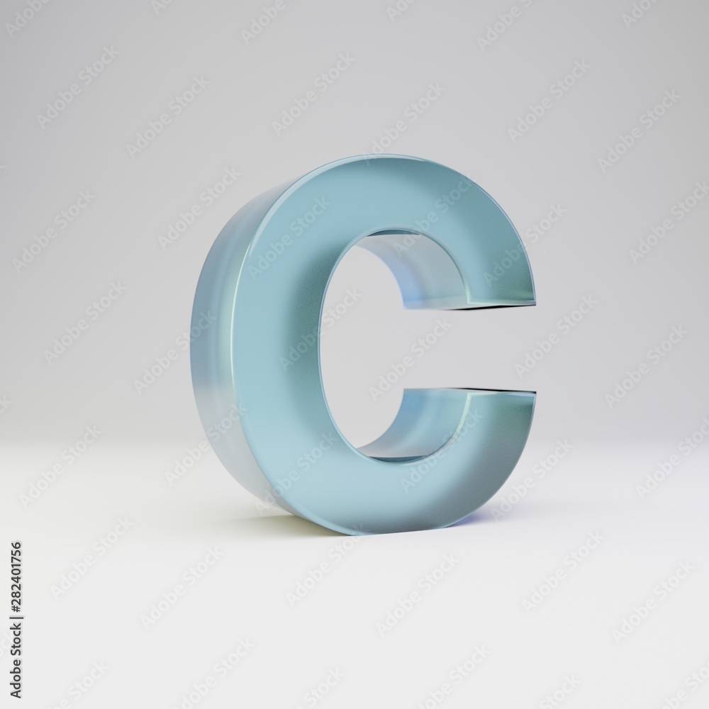 Ice 3d letter C uppercase. Transparent ice font with glossy reflections and shadow isolated on white background. Ice 3d letter C uppercase. Transparent ice font with glossy reflections and shadow isolated on white background.