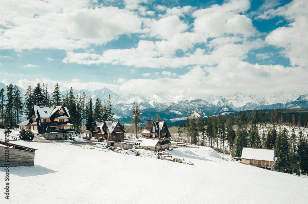 Wooden cottages and Tatra mountains in winter.
