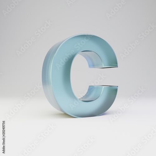 Ice 3d letter C uppercase. Transparent ice font with glossy reflections and shadow isolated on white background.