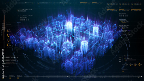 Futuristic holographic city digitally generated image virtual reality matrix particles in cyber space background environment