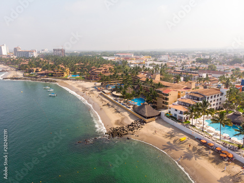 Aerial photos of the beautiful beach and hotels of Puerto Vallarta in Mexico, the town is on the Pacific coast in the state known as Jalisco