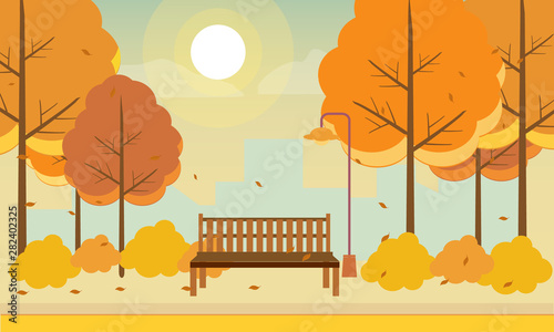 Vector illustration of a beautiful autumn city park with town building background. Evening in the park.
