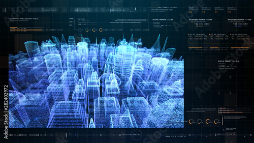 Futuristic holographic city digitally generated image virtual reality matrix particles in cyber space background environment