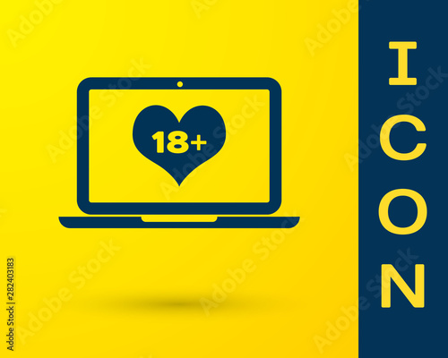 Blue Laptop computer with 18 plus content heart icon isolated on yellow background. Age restriction symbol. 18 plus content sign. Adult channel. Vector Illustration