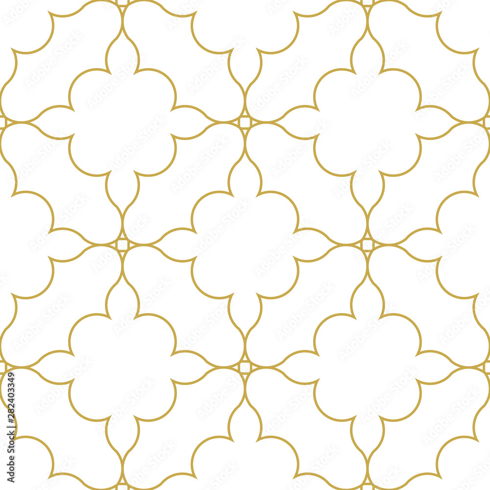 Elegant linear quatrefoil ornament. Seamless vector pattern in gold color