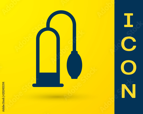 Blue Penis pump icon isolated on yellow background. Penis enlarger. Sex toy for men. Vacuum pump with a blower to increase the penis. Vector Illustration