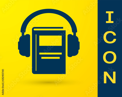 Blue Audio book icon isolated on yellow background. Book with headphones. Audio guide sign. Online learning concept. Vector Illustration