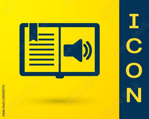 Blue Audio book icon isolated on yellow background. Audio guide sign. Online learning concept. Vector Illustration
