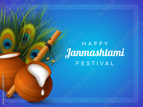 Happy Krishna Janmashtami background with pots, bansuri and peacock feathers. Religious Hindu festival vector illustration of Lord Krishna.