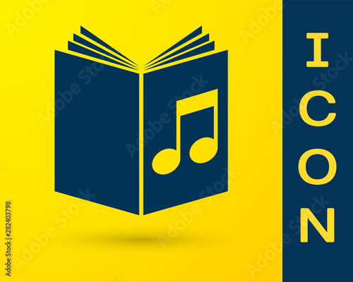 Blue Audio book icon isolated on yellow background. Musical note with book. Audio guide sign. Online learning concept. Vector Illustration
