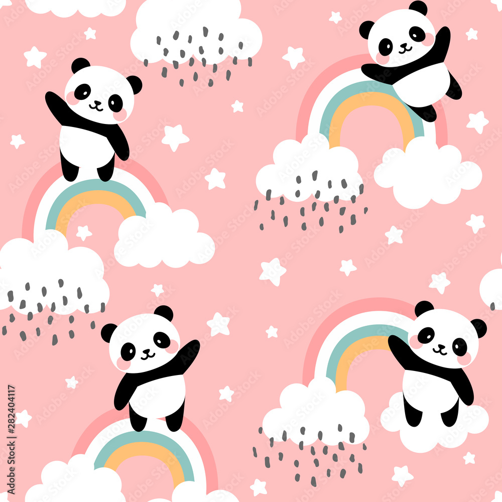 Panda Seamless Pattern Background, Happy cute panda flying in the sky between clouds and star, Cartoon Panda Bears Vector illustration for kids forest background with rain dots