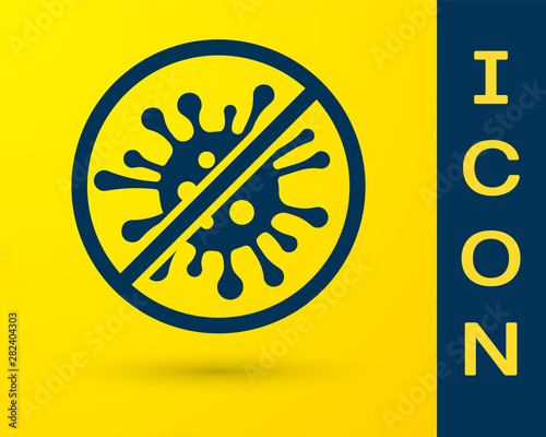 Blue Stop virus, bacteria, germs and microbe icon isolated on yellow background. Antibacterial and antiviral defence, protection infection. Vector Illustration