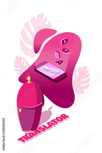 Online translator in mobile phone or another device. Translate foreign language fast and easy. Global wireless technology. Flat vector illustration