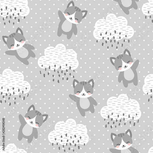 Cat Seamless Pattern Background, Happy cute kitty flying in the sky between clouds and star, Cartoon Kitten Vector illustration for kids forest background with rain dots