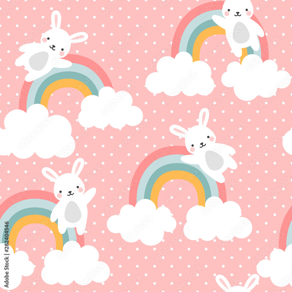 Rabbit Seamless Pattern Background, Happy cute bunny flying in the sky between clouds and star, Cartoon Rabbit Vector illustration for kids forest background with rain dots Rabbit Seamless Pattern Background, Happy cute bunny flying in the sky between clouds and star, Cartoon Rabbit Vector illustration for kids forest background with rain dots