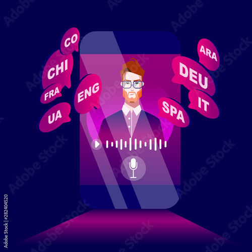 Vector creative illustration of distance learning, online learning, choice of language courses, homeschooling. Digital translator, electronic language translator concept on ultraviolet background.