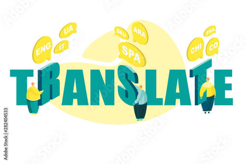 Concept of translating and interpreting for web banners. Digital translator, portable translator, electronic language translator concept on white and yellow background. Flat vector illustration