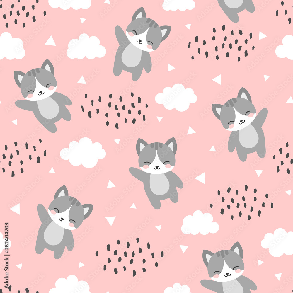 Cat Seamless Pattern Background, Happy cute kitty flying in the sky between clouds and star, Cartoon Kitten Vector illustration for kids forest background with rain dots