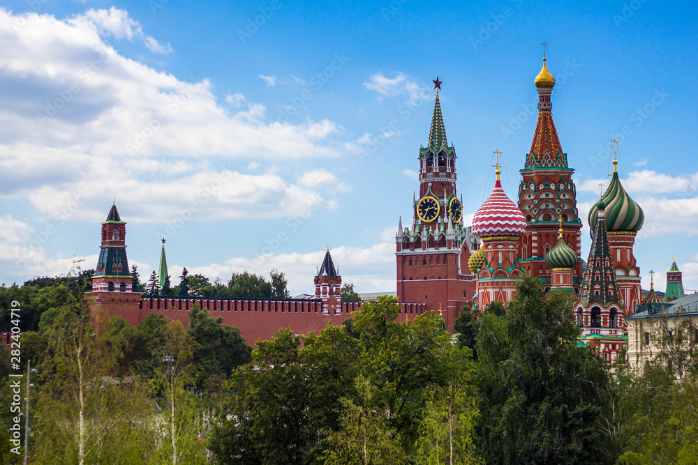 The view of Red square and St. Basil's Cathedral in summer, Moscow, Russia. Sights of historical Moscow.