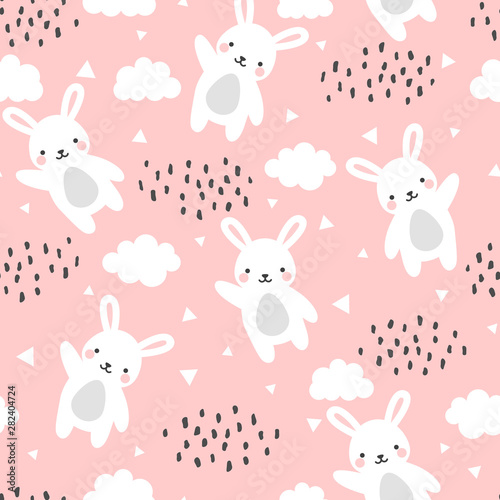 Rabbit Seamless Pattern Background, Happy cute bunny flying in the sky between clouds and star, Cartoon Rabbit Vector illustration for kids forest background with rain dots