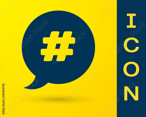 Blue Hashtag speech bubble icon isolated on yellow background. Concept of number sign, social media marketing, micro blogging. Vector Illustration