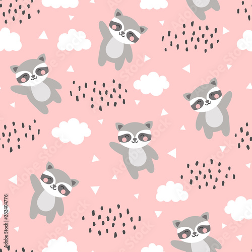 Raccoon Seamless Pattern Background, Happy cute racoon flying in the sky between clouds and star, Cartoon Raccoon Vector illustration for kids forest background with rain dots © Gabriel Onat