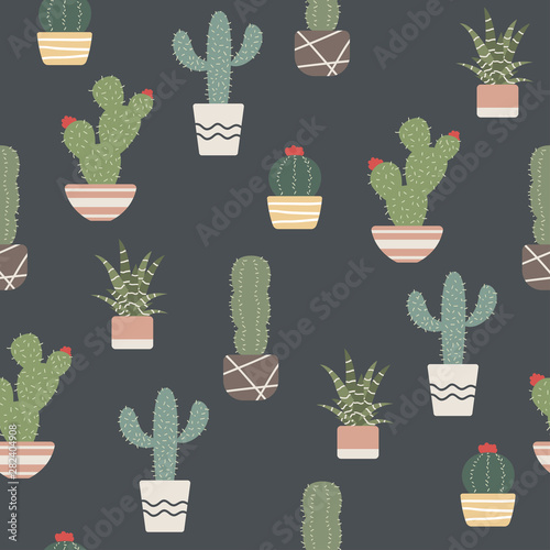Cute cactus on black background seamless pattern