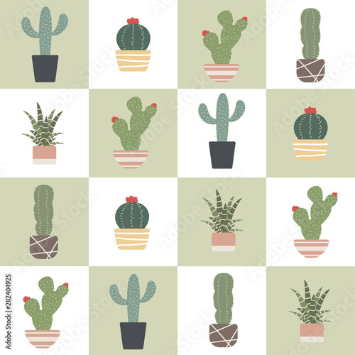 Cute cactus on green and white background seamless pattern