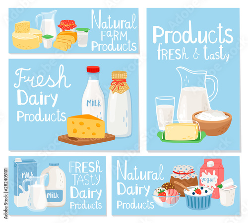 Dairy product cheese and milk, set cards. Vector drink food, illustration healthy yogurt