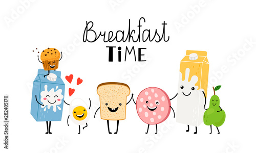 Brealfast time, characters bread milk and food. Vector yummy toast, comic funny ingredient for morning illustration