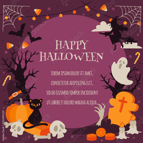 Happy Halloween in Spooky Forest  Background Template. Halloween Party, Trick or Treat. Pumpkin, Cat, Bat, Moon, Ghost, Skull, Witch, Eye Ball, Cemetery. Vector illustration.