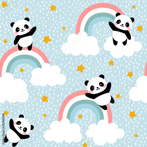 Panda Seamless Pattern Background, Happy cute panda flying in the sky between clouds and star, Cartoon Panda Bears Vector illustration for kids forest background with rain dots