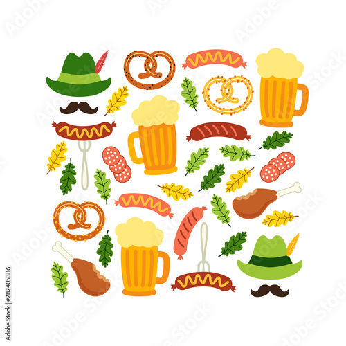 Cute Octoberfest Menu background with symbols as beer, sausage, pretzel, green german costume hunting hat with feather, mustache and oak leaves isolated on white