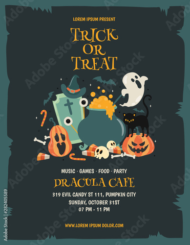 Happy Halloween Poster Background Template. Halloween Party, Trick or Treat. Pumpkin, Cat, Bat, Moon, Ghost, Skull, Witch, Eye Ball, Cemetery. Vector illustration.