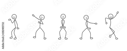 Dancing cartoon icons set of sketch people stick figure,  little people in cute miniature scenes. 