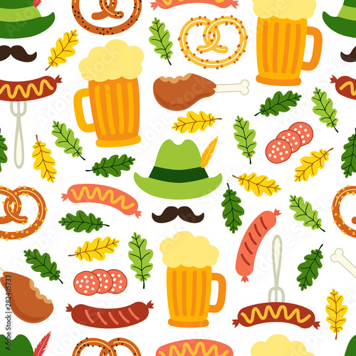 Cute Octoberfest seamless background with symbols as beer, sausage, pretzel, green german costume hunting hat with feather, mustache and oak leaves isolated on white