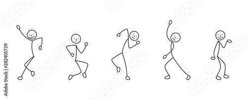 Dancing cartoon icons set of sketch people stick figure,  little people in cute miniature scenes. 