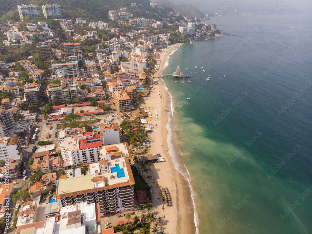 Aerial photos of the pier knows as Playa Los Muertos pier in the beautiful town of Puerto Vallarta in Mexico, the town is on the Pacific coast in the state known as Jalisco