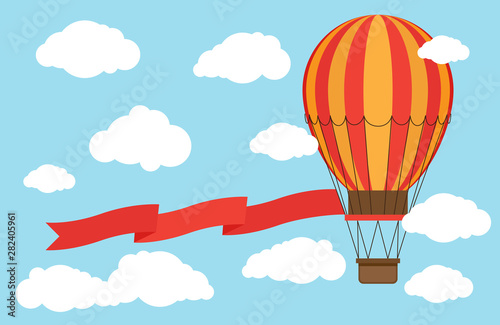 Classic hot air balloon with red ribbon flying from sky and clouds. Illustration of hot air balloon, romantic banner