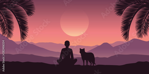 man and his dog enjoy beautiful tropical red mountain landscape in purple colors vector illustration EPS10