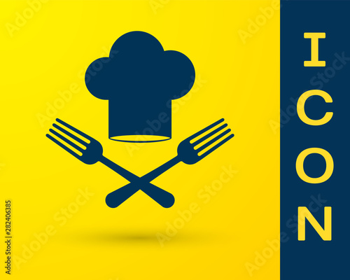 Blue Chef hat and crossed fork icon isolated on yellow background. Cooking symbol. Restaurant menu. Cooks hat. Vector Illustration