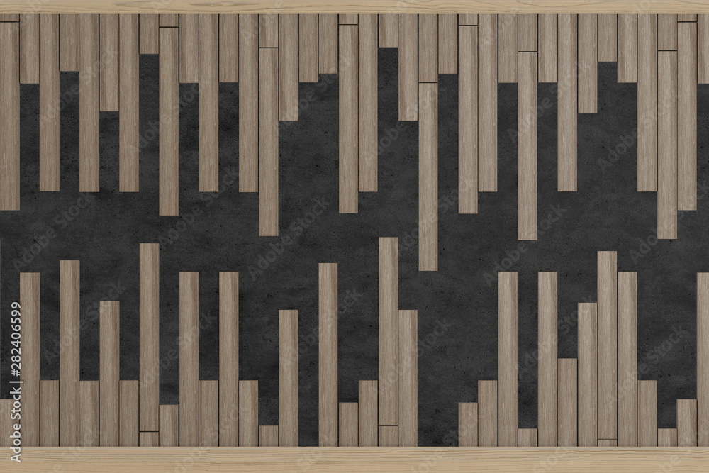Fototapeta premium wooden slats on black concrete texture, space for text, 3d rendering background