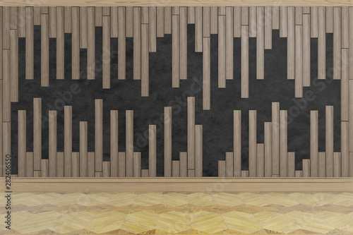 wooden slats on black concrete texture  design wall  empty room  3d rendering